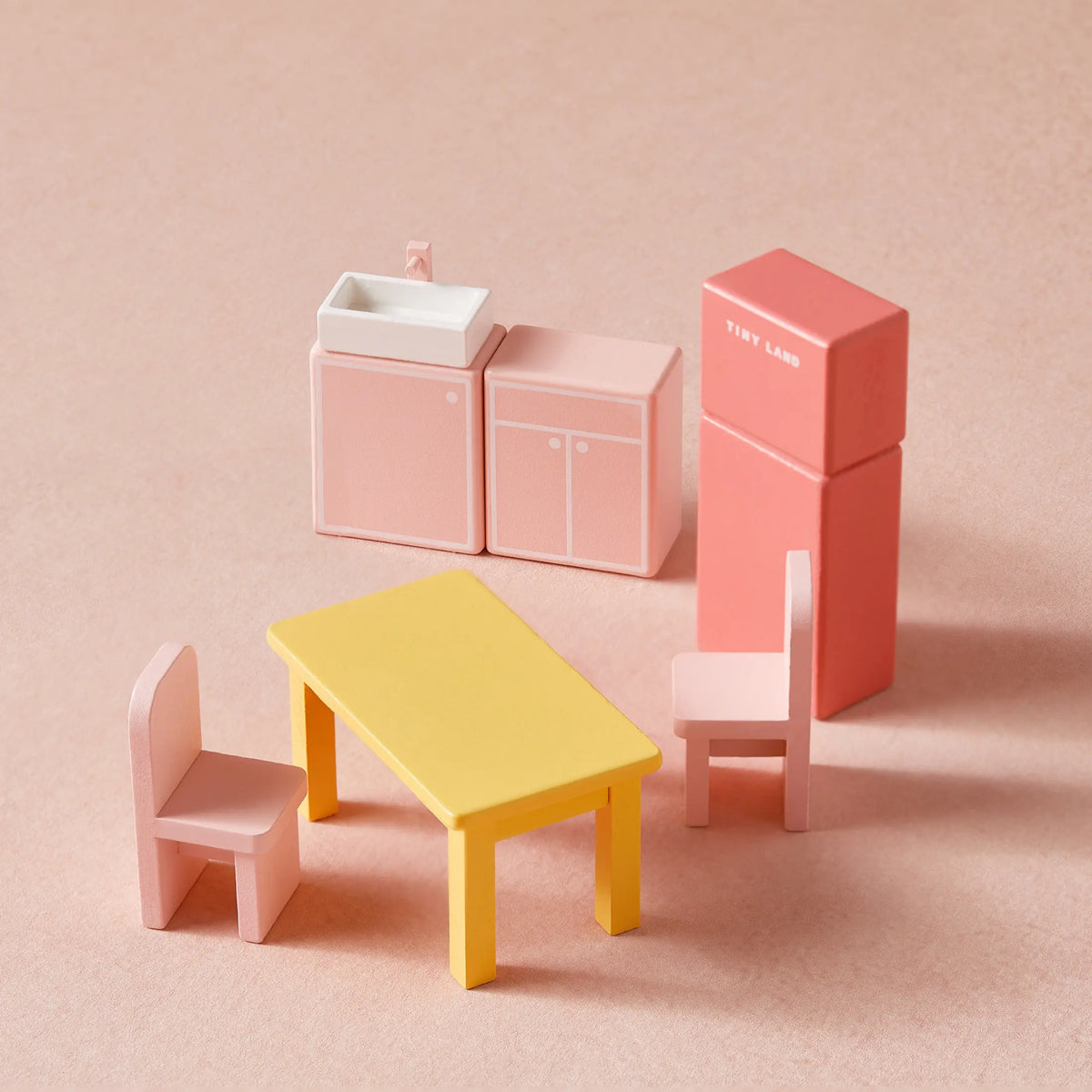 Tiny Land Sweetwood Dollhouse furniture set in pastel pink and yellow wood without dolls on Tampa Home & Garden Store