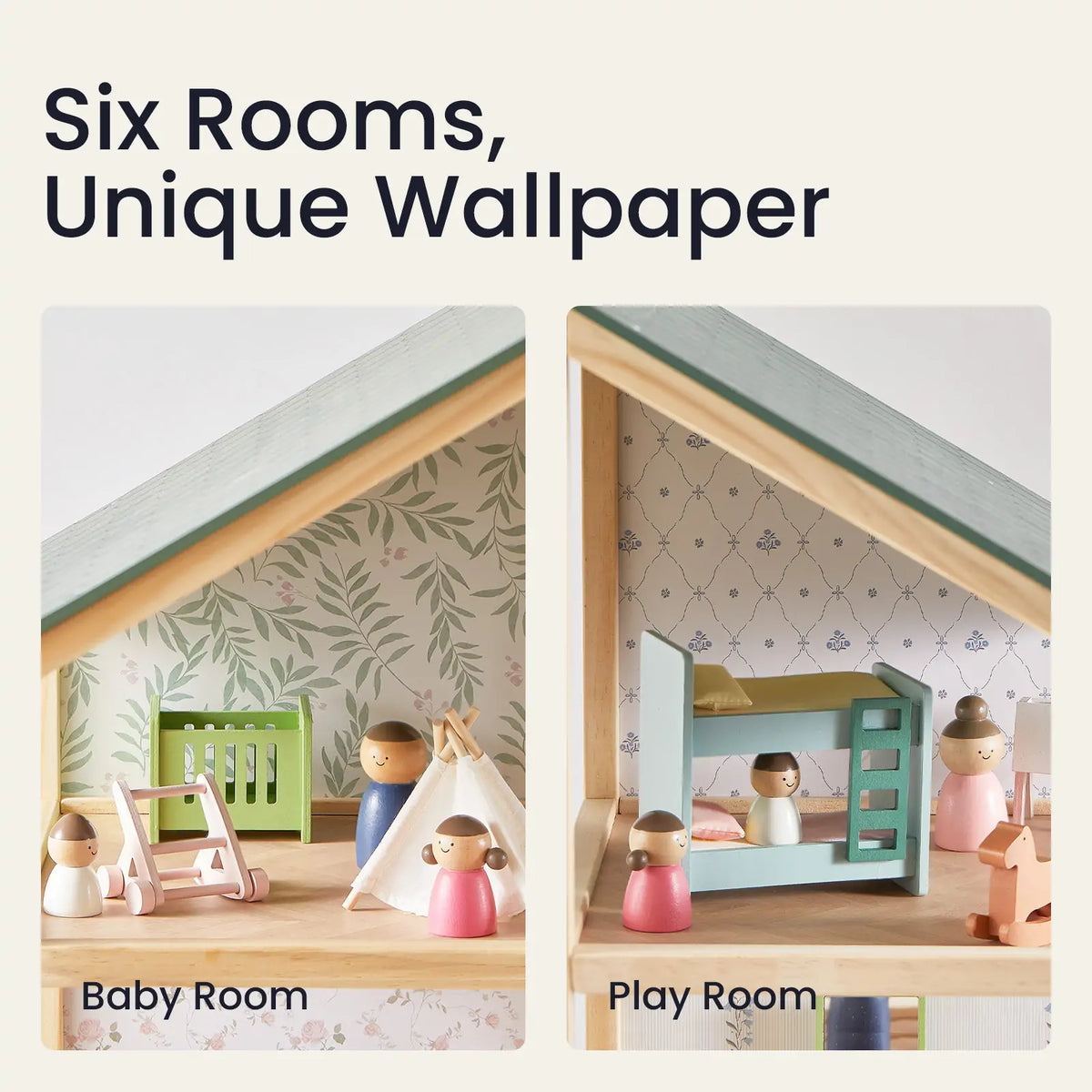 Tiny Land Sweetwood wooden dollhouse without dolls, two rooms with floral wallpaper on Tampa Home & Garden Store