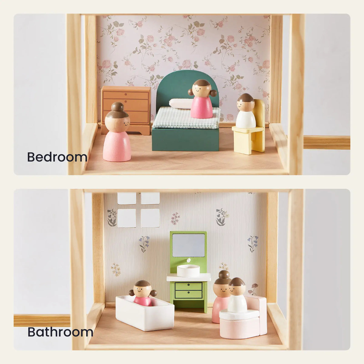 Tiny Land Sweetwood Dollhouse without Dolls bedroom and bathroom with bed and pink doll on Tampa Home & Garden Store