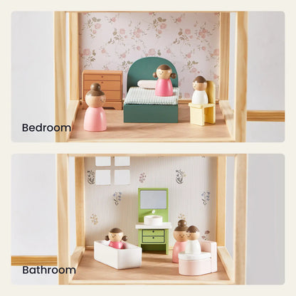 Tiny Land Sweetwood Dollhouse without Dolls bedroom and bathroom with bed and pink doll on Tampa Home & Garden Store