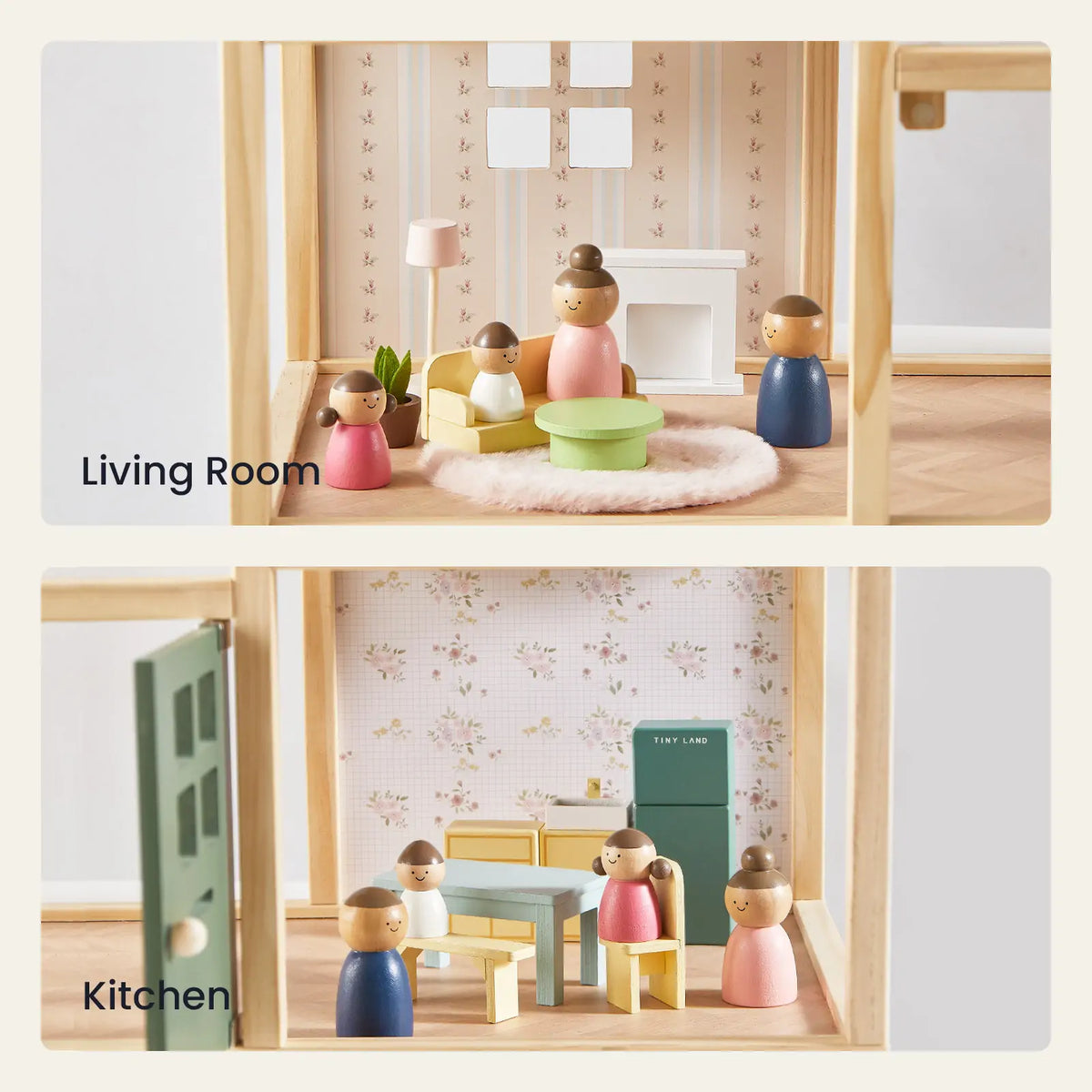 Tiny Land Sweetwood Dollhouse without Dolls living room with pastel furniture and wooden figures on Tampa Home & Garden Store