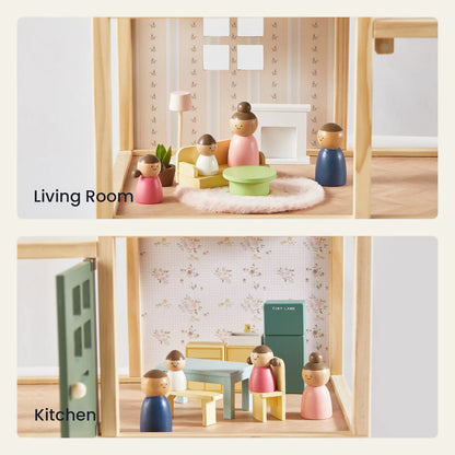 Tiny Land Sweetwood Dollhouse without Dolls living room with pastel furniture and wooden figures on Tampa Home & Garden Store