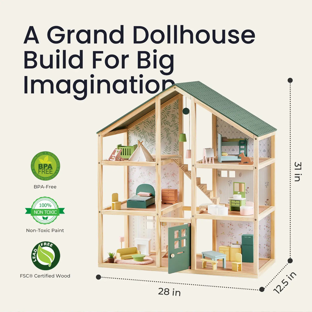 Dollhouse Tiny Land Grand Dollhouse without Dolls, wooden multi-level playhouse with green roof on Tampa Home & Garden Store