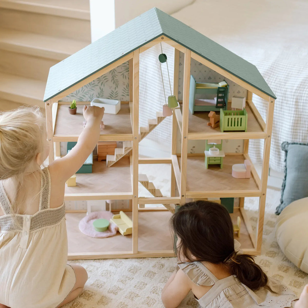 Tiny Land Sweetwood Dollhouse without Dolls, wooden dollhouse with green roof and interiors on Tampa Home & Garden Store