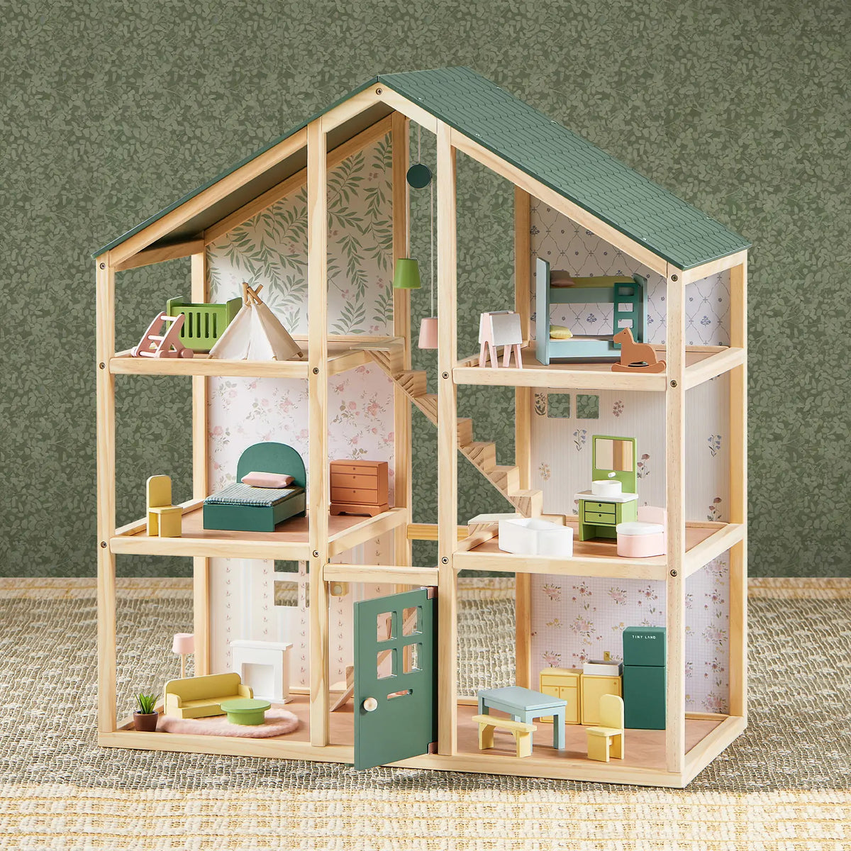 Dollhouse Tiny Land Sweetwood by Tiny Land INC, natural wood frame, green roof, multiroom on Tampa Home & Garden Store