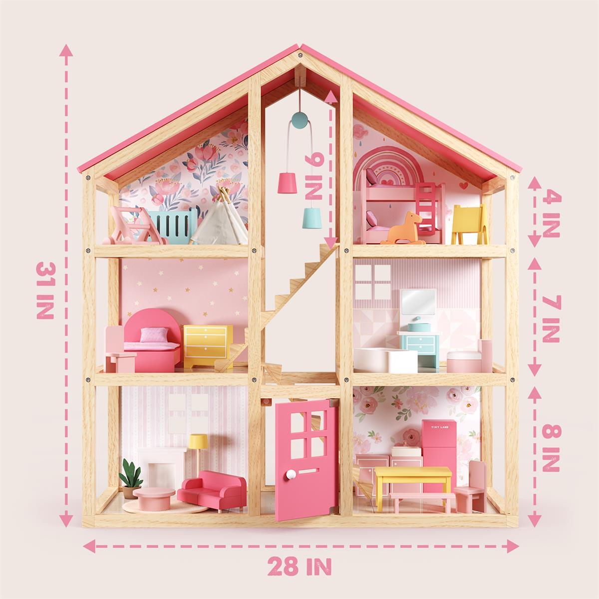 Tiny Land Sweetwood Dollhouse without Dolls, wooden dollhouse with pink interiors and stairs on Tampa Home & Garden Store