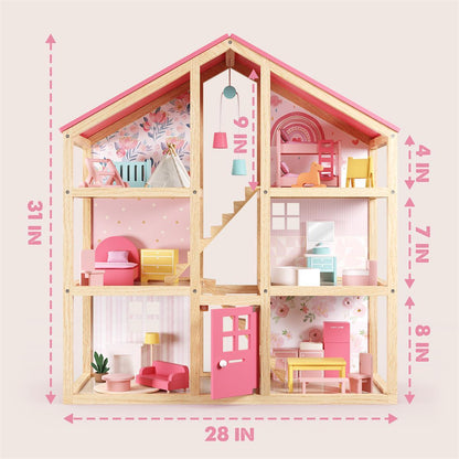Tiny Land Sweetwood Dollhouse without Dolls, wooden dollhouse with pink interiors and stairs on Tampa Home & Garden Store