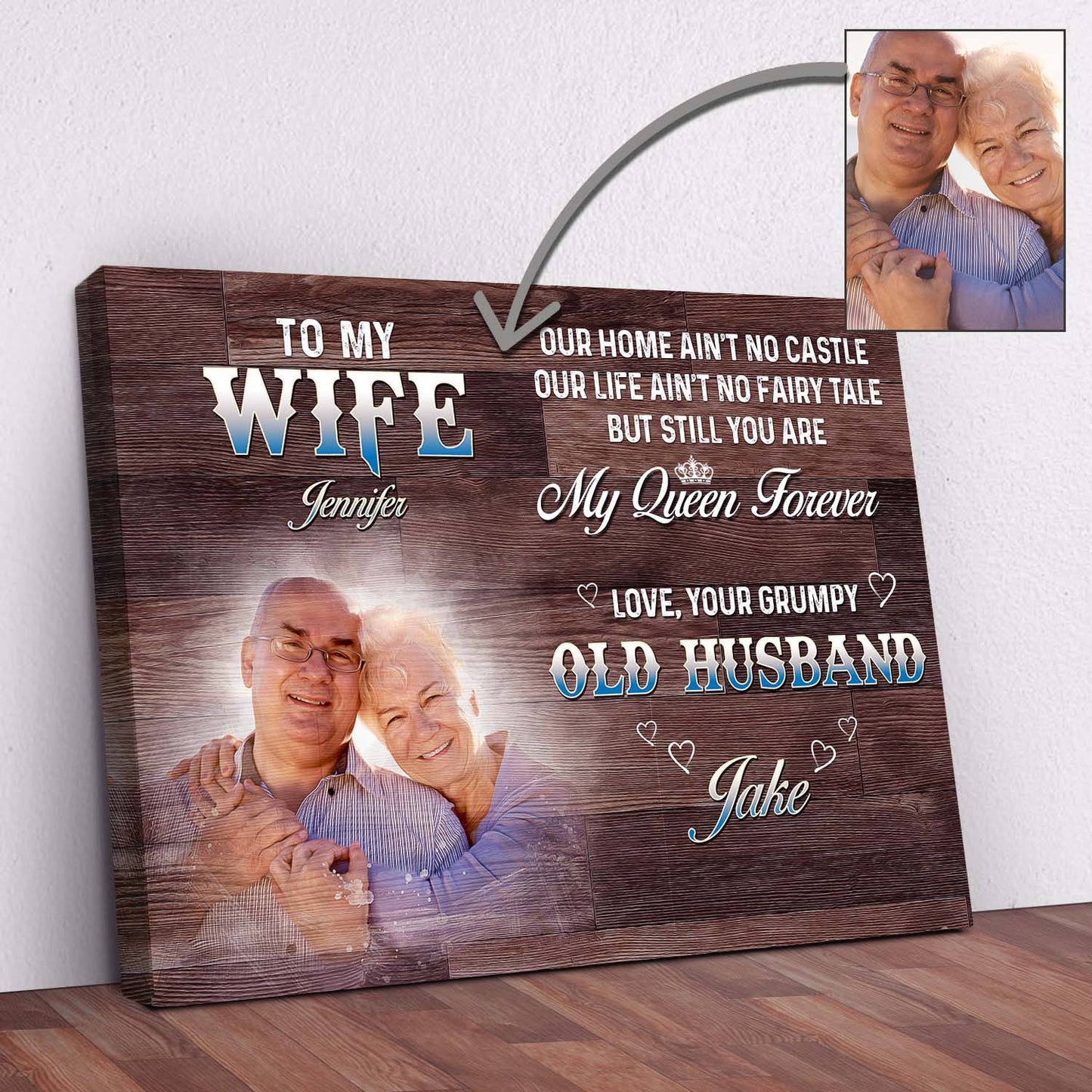 To My Wife Sign IV canvas with woodgrain brown background and photo inset on Tampa Home & Garden Store