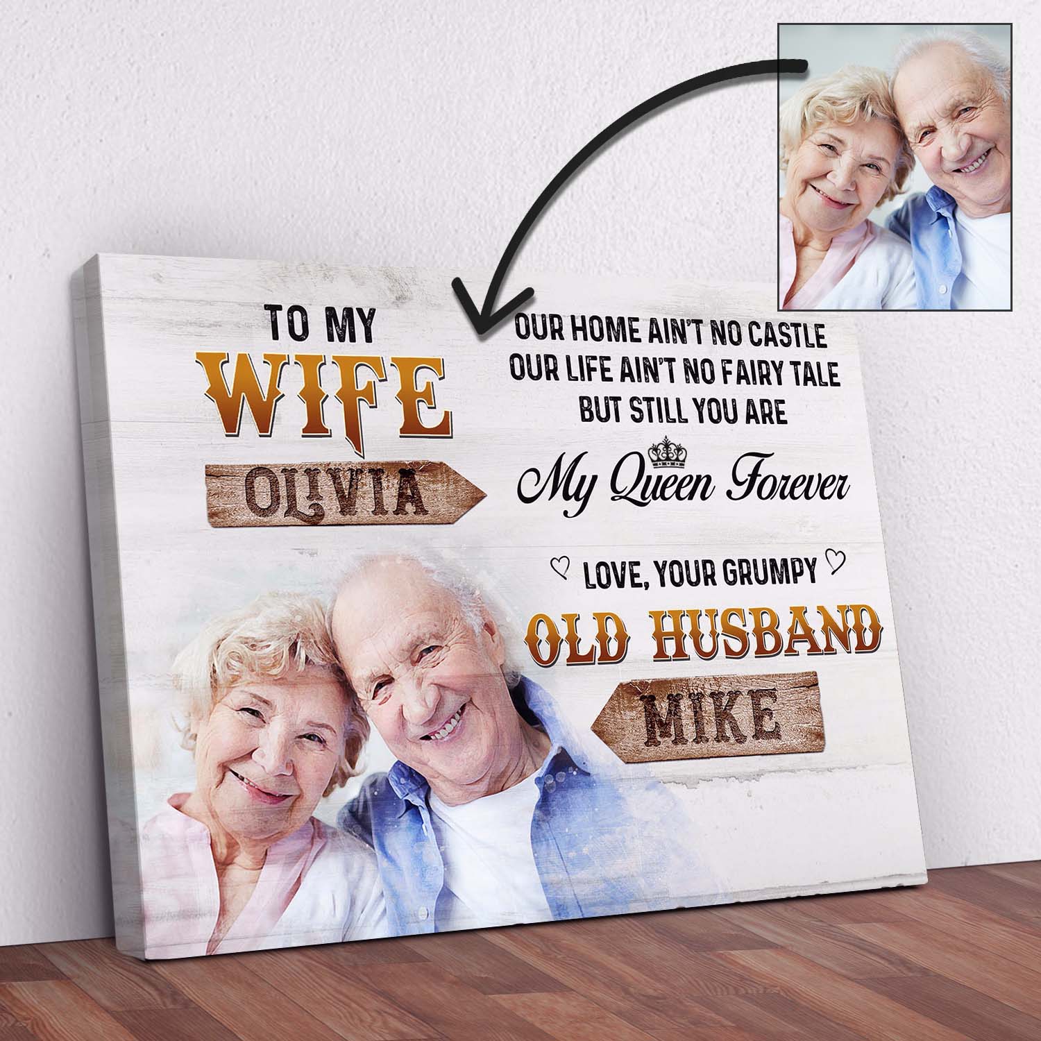 Tailored Canvases To My Wife Sign IV canvas with whitewashed wood, gold WIFE, OLIVIA arrow on Tampa Home & Garden Store