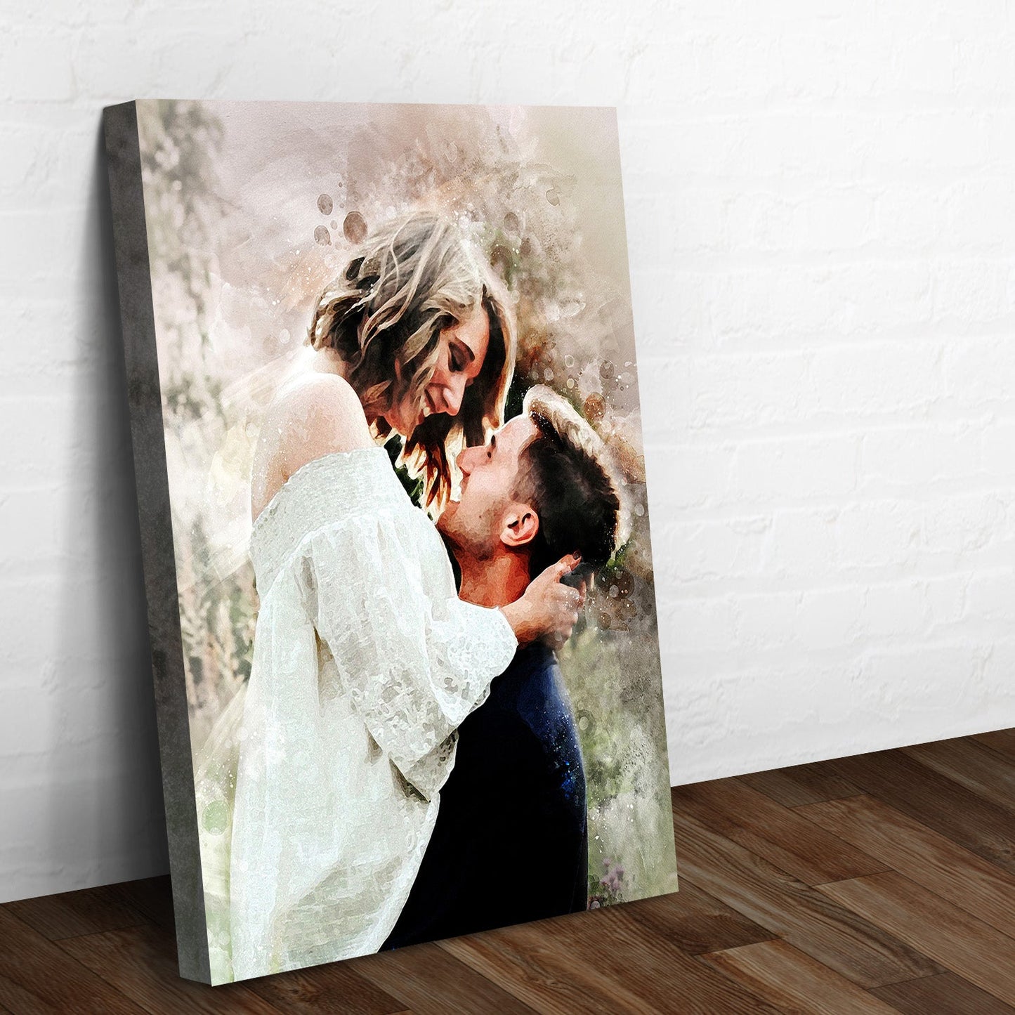 Couple watercolor portrait canvas print with soft neutral tones on Tampa Home & Garden Store