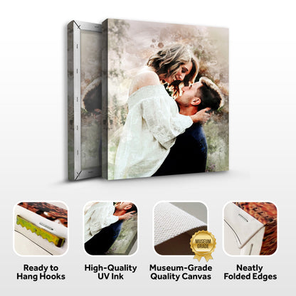 Couple Watercolor Portrait Sign canvas with soft pastel tones and romantic embrace on Tampa Home & Garden Store