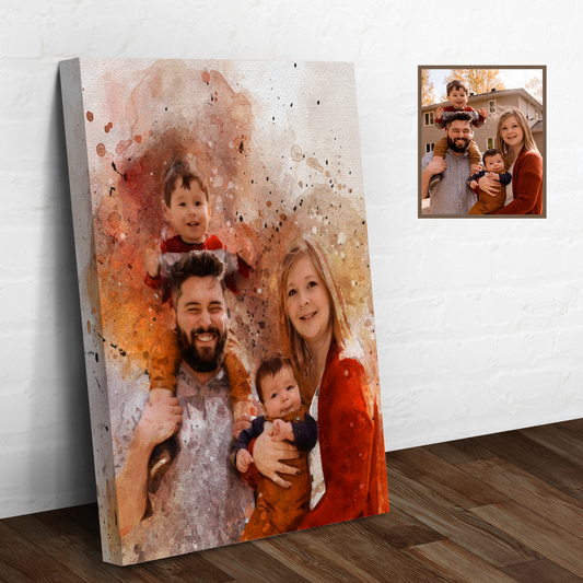 Family Watercolor Portrait Sign canvas by Tailored Canvases with warm orange splashes on Tampa Home & Garden Store