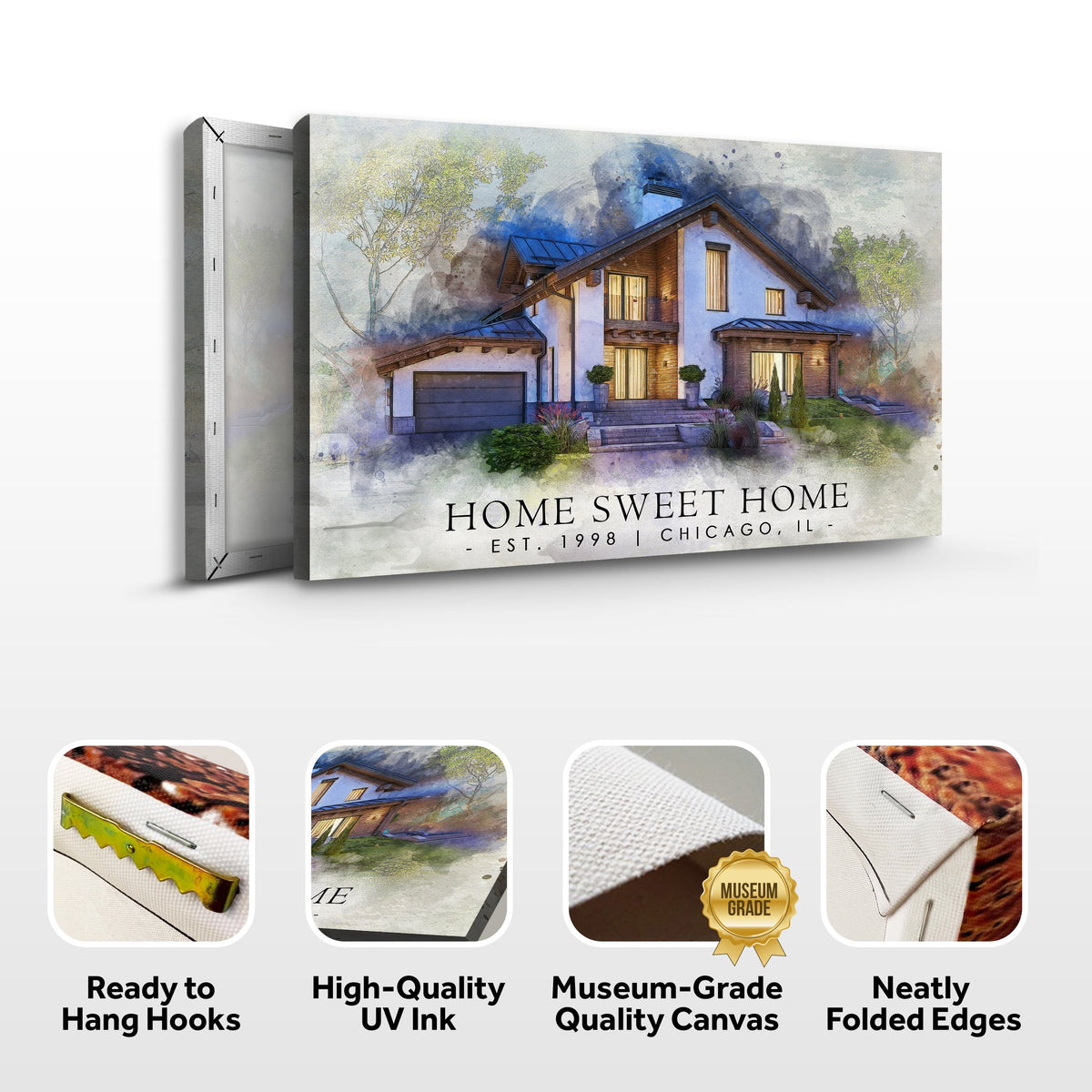Home Sweet Home Watercolor Sign II canvas by Tailored Canvases; watercolor house with blue roof on Tampa Home & Garden Store