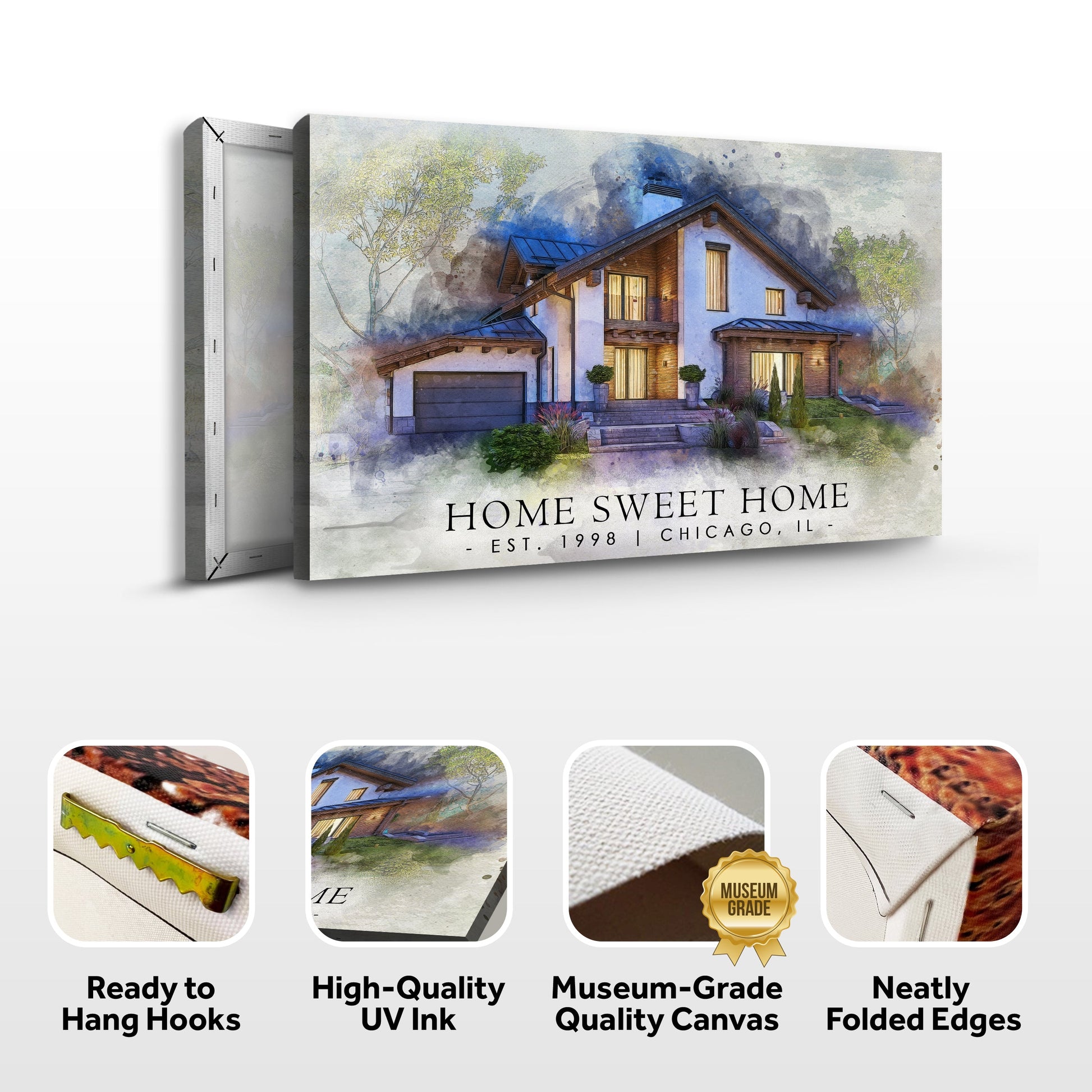 Home Sweet Home Watercolor Sign II canvas by Tailored Canvases; watercolor house with blue roof on Tampa Home & Garden Store