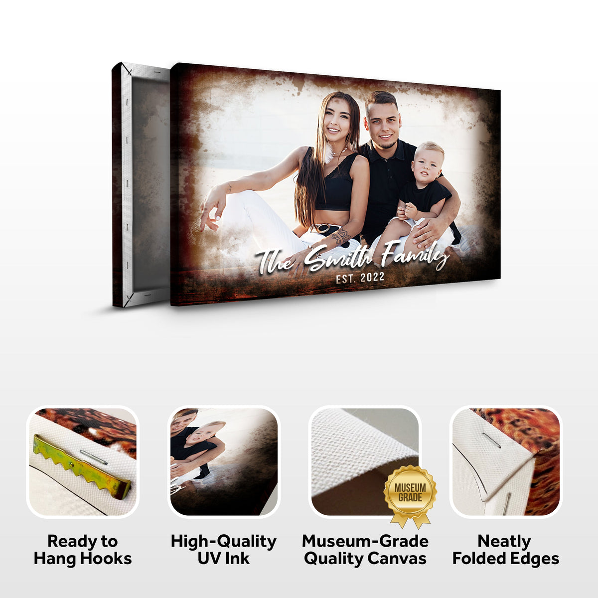 Family Portrait On Wood Sign canvas by Tailored Canvases featuring a rustic wood-textured border on Tampa Home & Garden Store
