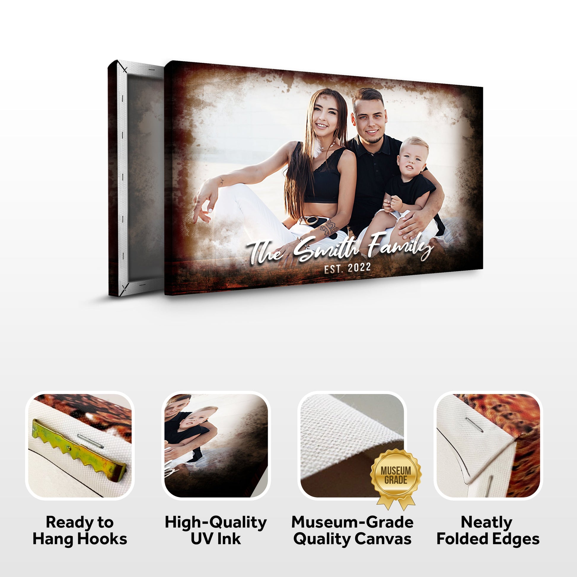 Family Portrait On Wood Sign canvas by Tailored Canvases featuring a rustic wood-textured border on Tampa Home & Garden Store