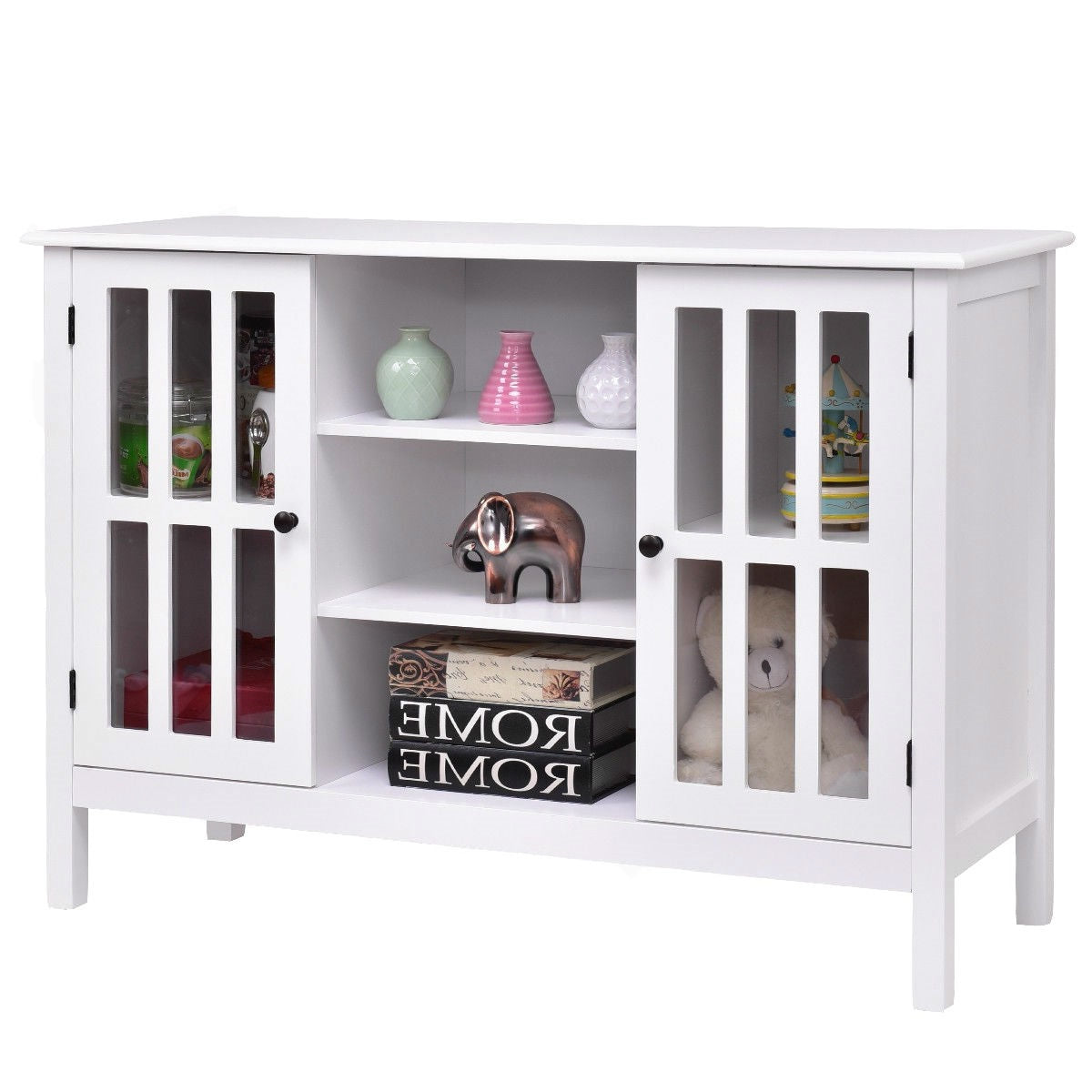 Consola/aparador de madera blanca con puertas con paneles de vidrio templado