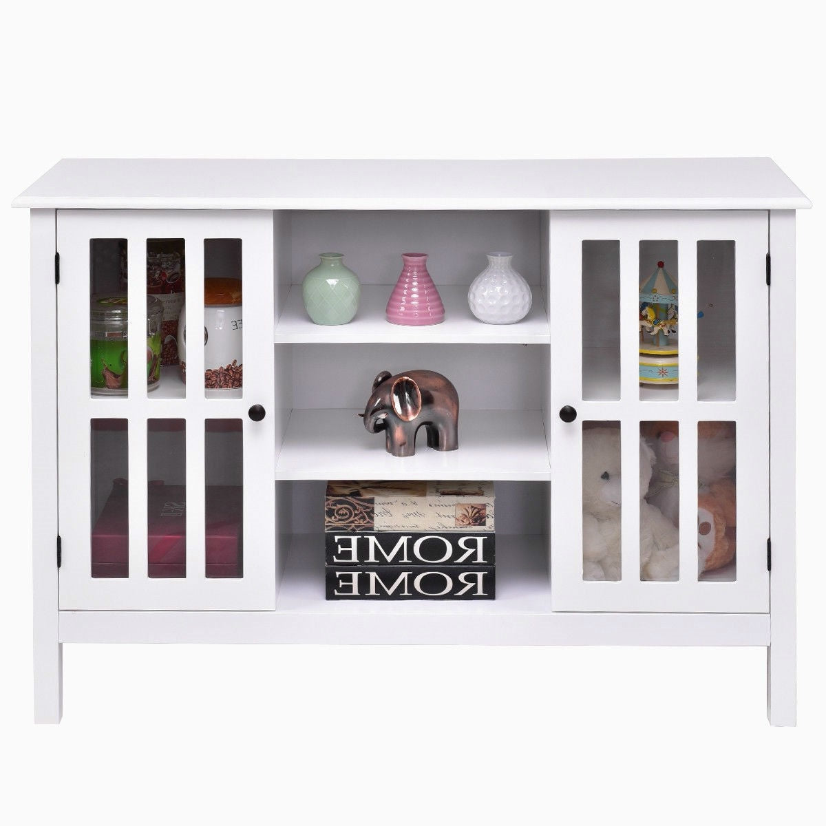 Consola/aparador de madera blanca con puertas con paneles de vidrio templado