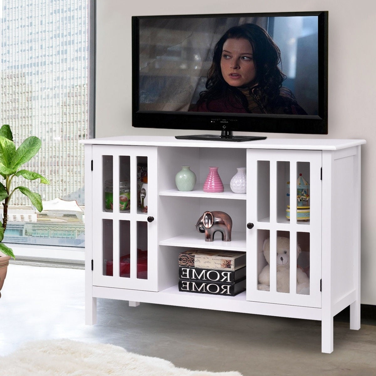 Mueble de TV de madera blanca de 43 pulgadas con puertas de panel de cristal