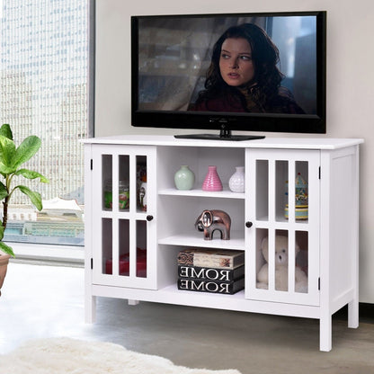 Mueble de TV de madera blanca de 43 pulgadas con puertas de panel de cristal