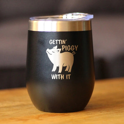 Wine tumbler Gettin' Piggy by bevvee with sliding lid, black matte finish and lip band on Tampa Home & Garden Store