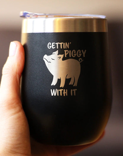 Gettin' Piggy Wine Tumbler by bevvee with sliding clear lid, black matte finish and pig graphic on Tampa Home & Garden Store