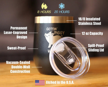 Gettin' Piggy wine tumbler by bevvee, black 12 oz stainless steel with sliding lid on Tampa Home & Garden Store