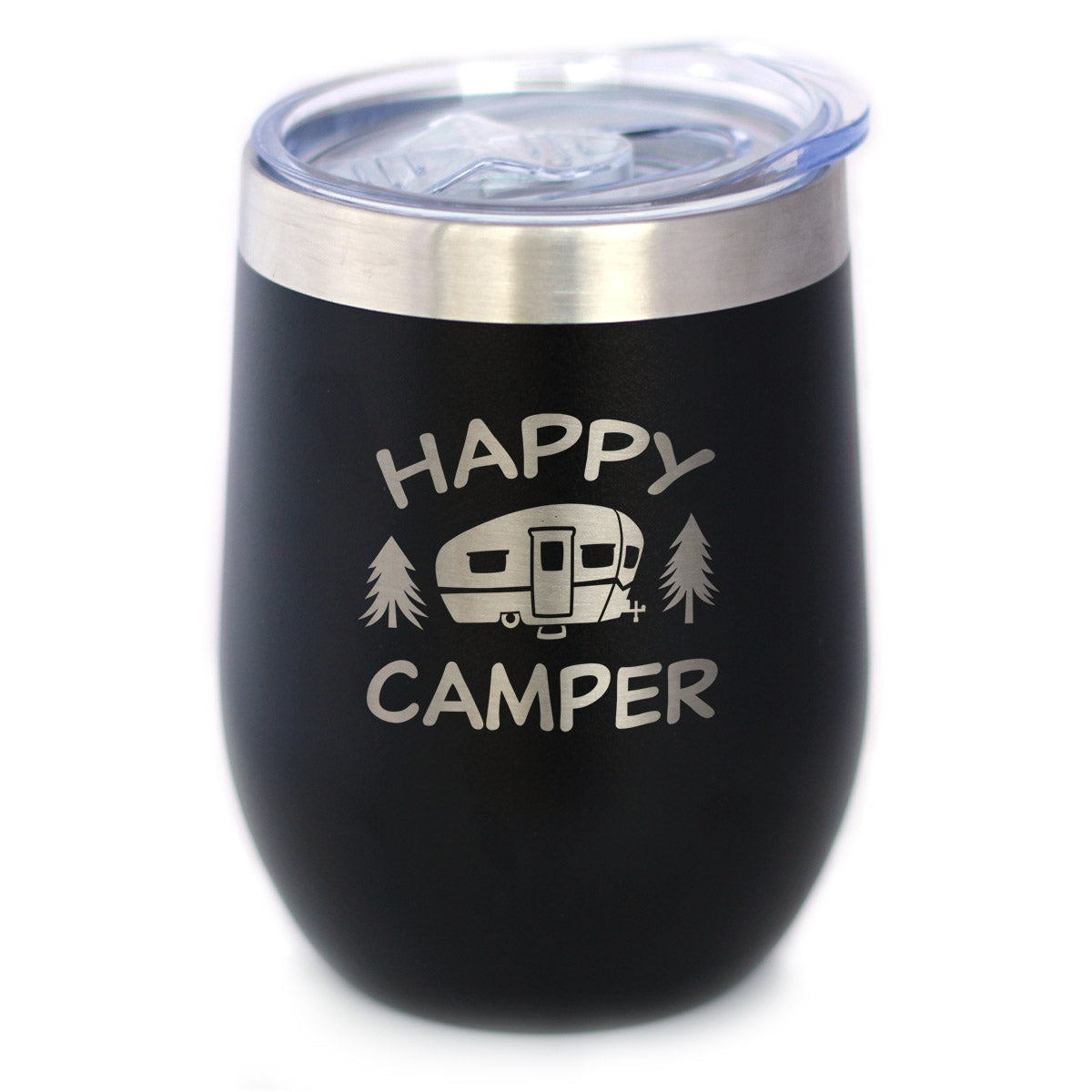 Happy Camper Gobelet à vin avec couvercle coulissant – Tasse isolée en acier inoxydable sans pied – Jolie tasse de camping en plein air