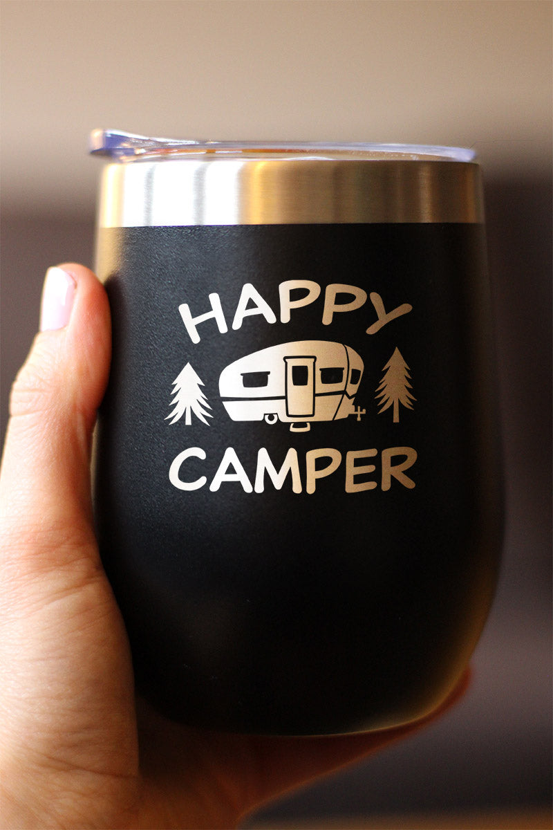 Happy Camper Gobelet à vin avec couvercle coulissant – Tasse isolée en acier inoxydable sans pied – Jolie tasse de camping en plein air