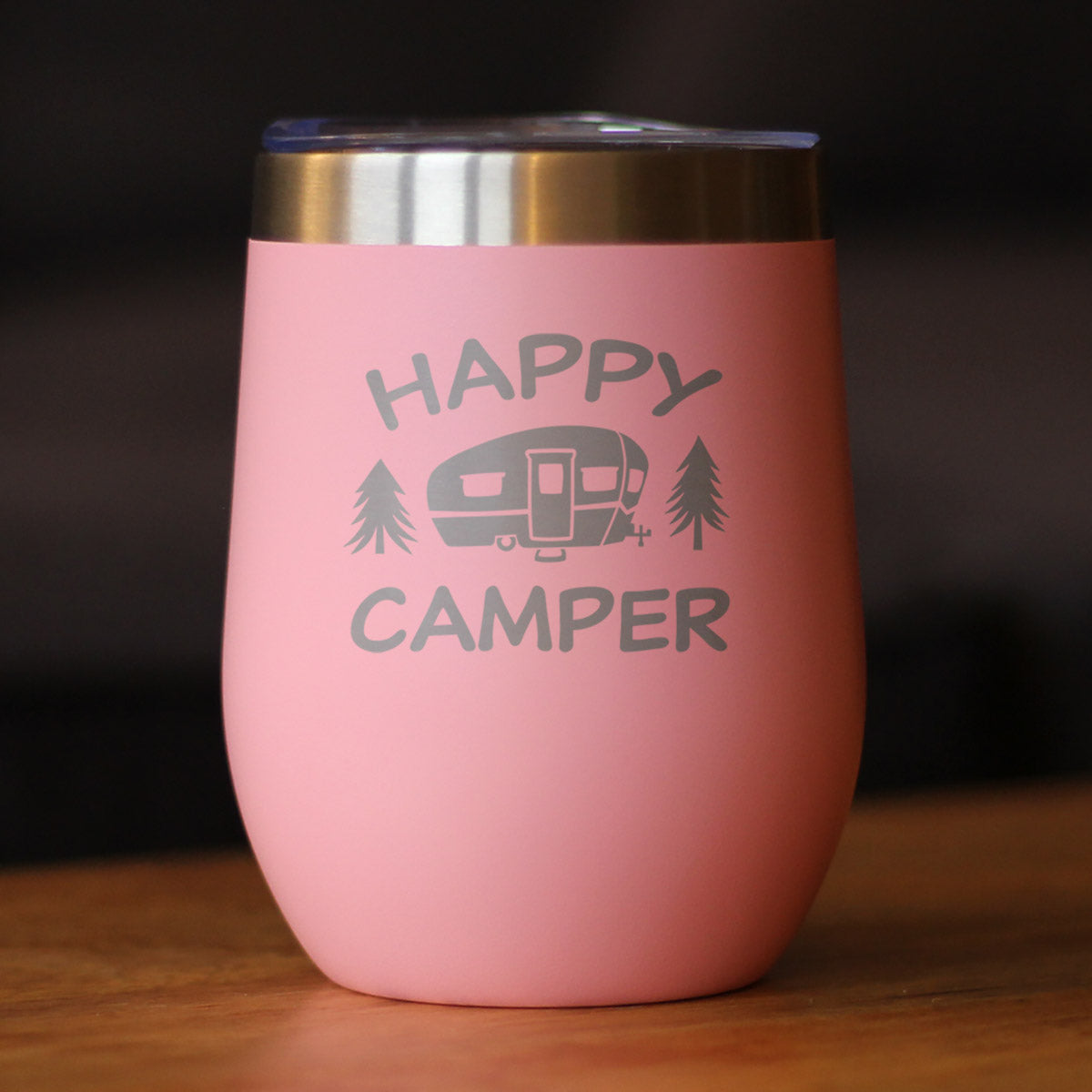 Happy Camper Gobelet à vin avec couvercle coulissant – Tasse isolée en acier inoxydable sans pied – Jolie tasse de camping en plein air