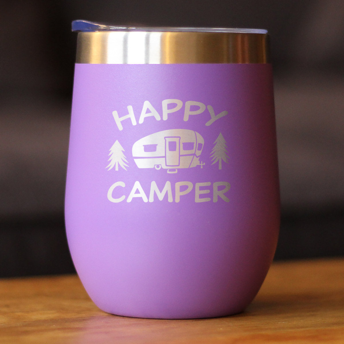 Happy Camper Gobelet à vin avec couvercle coulissant – Tasse isolée en acier inoxydable sans pied – Jolie tasse de camping en plein air