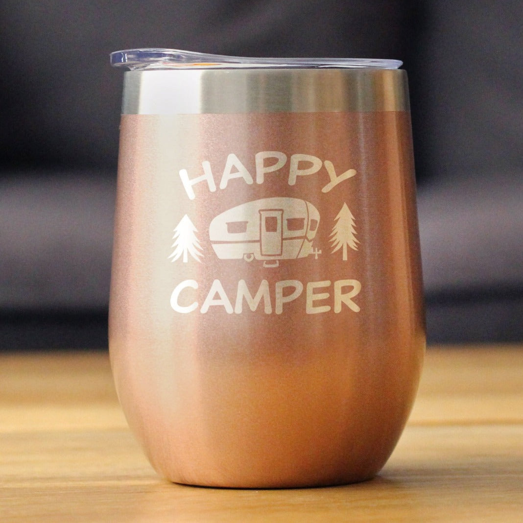 Happy Camper Gobelet à vin avec couvercle coulissant – Tasse isolée en acier inoxydable sans pied – Jolie tasse de camping en plein air