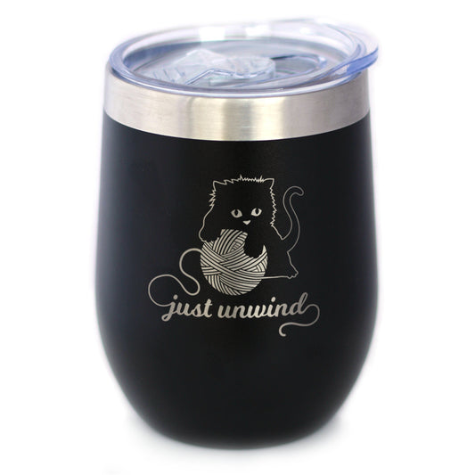 Just Unwind - Cat Wine Tumbler Glass with Sliding Lid - Stainless Steel Travel Mug - Unique Cat Gifts for Women and Men