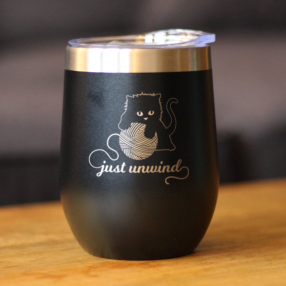 Just Unwind - Cat Wine Tumbler Glass with Sliding Lid - Stainless Steel Travel Mug - Unique Cat Gifts for Women and Men