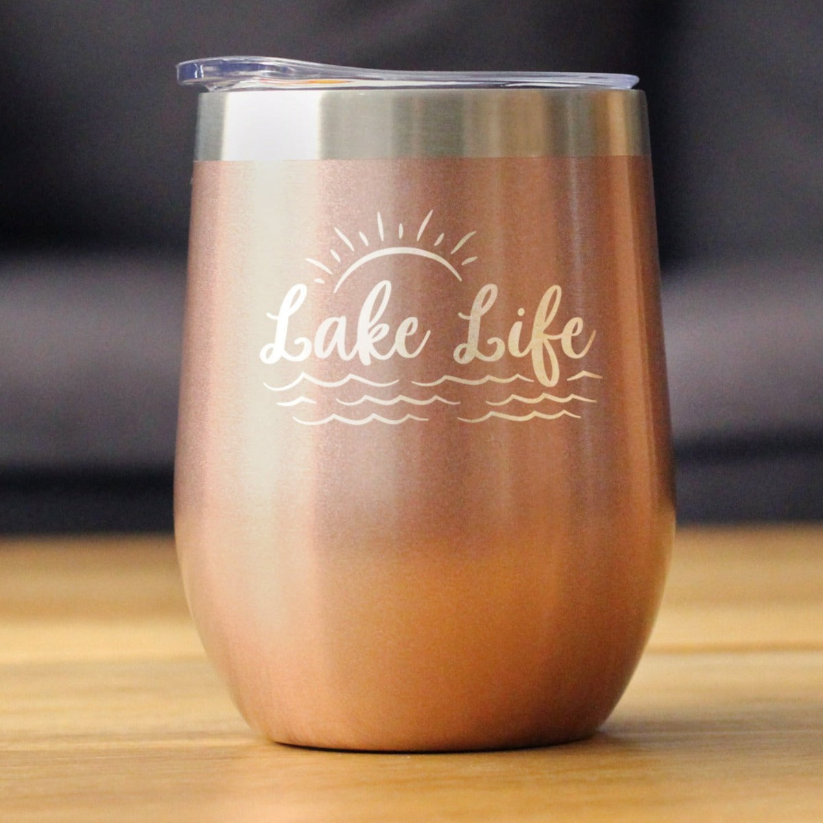 Lake Life - Wine Tumbler with Sliding Lid - Stemless Stainless Steel Insulated Cup - Cute Outdoor Camping Mug