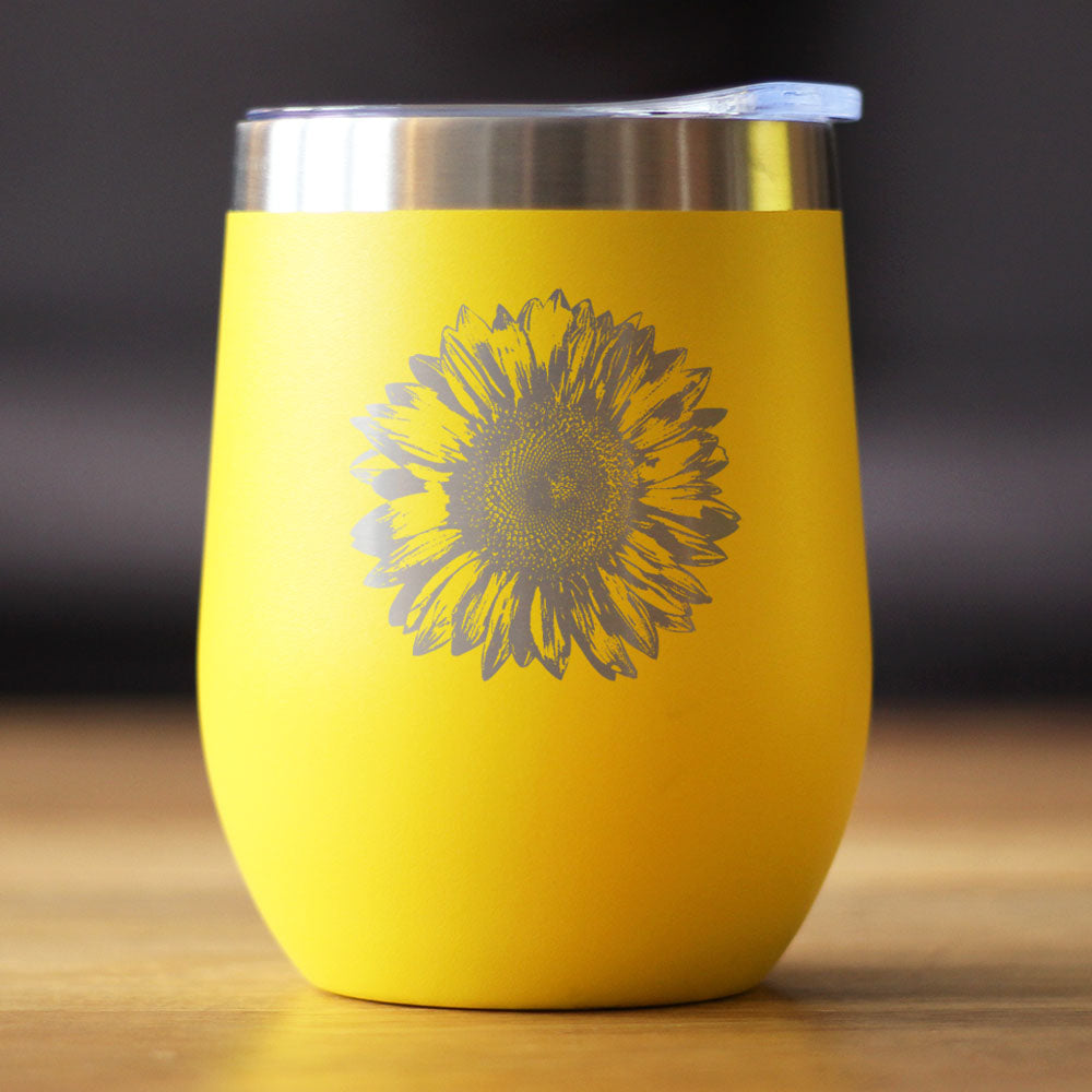 Sunflower - Wine Tumbler Glass with Sliding Lid - Stainless Steel Insulated Mug - Flower Décor Gifts