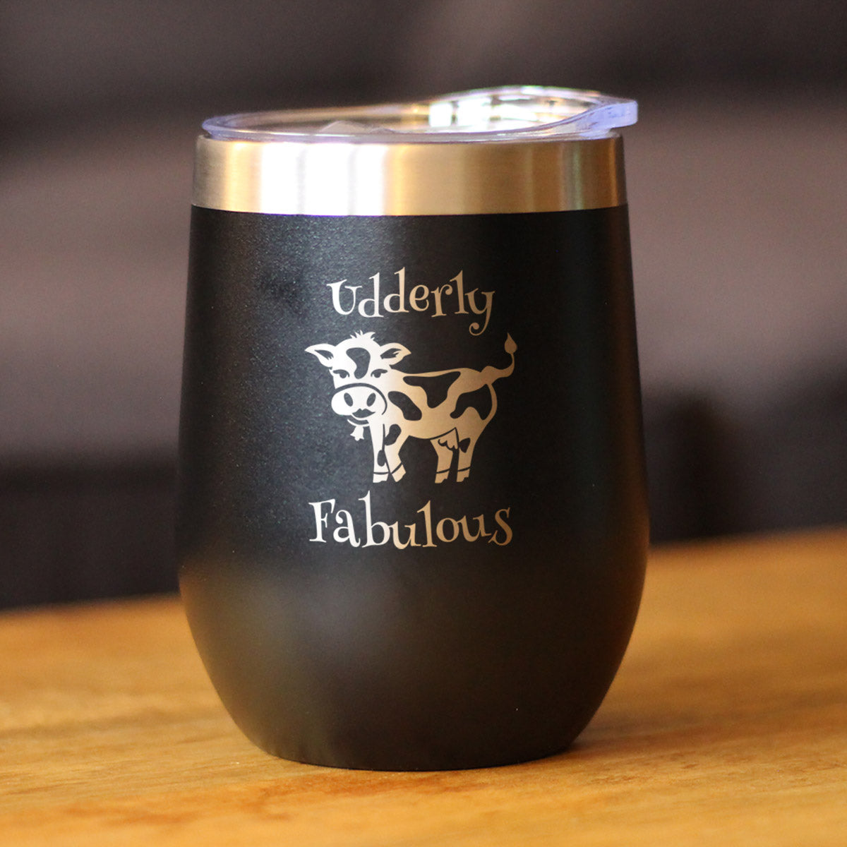 Udderly Fabulous - Cow Wine Tumbler with Sliding Lid - Stemless Stainless Steel Insulated Cup - Funny Outdoor Camping Mug