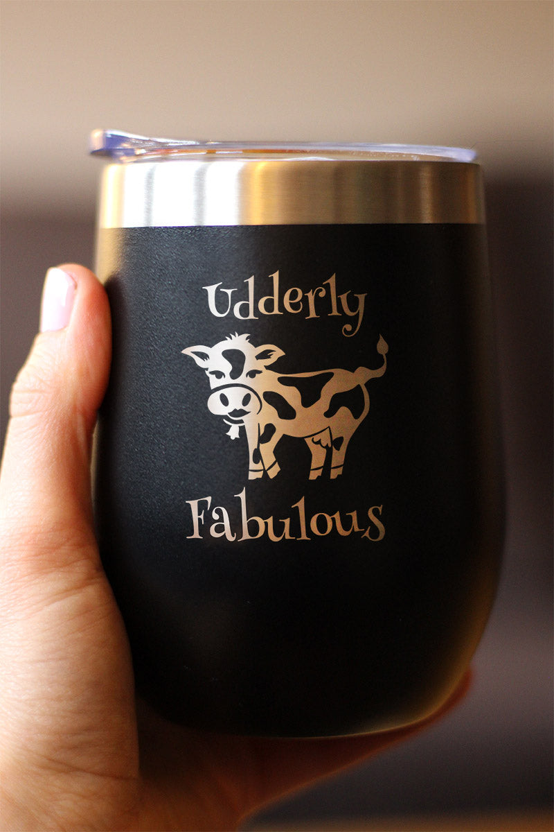 Udderly Fabulous - Cow Wine Tumbler with Sliding Lid - Stemless Stainless Steel Insulated Cup - Funny Outdoor Camping Mug