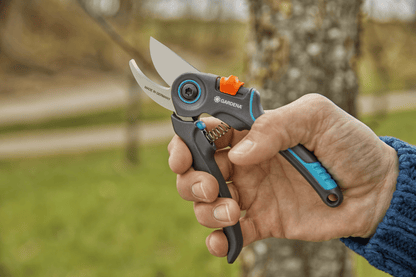 Garden Secateurs ExpertCut Gardena gray handheld tool with orange lock and blue trim on Tampa Home & Garden Store