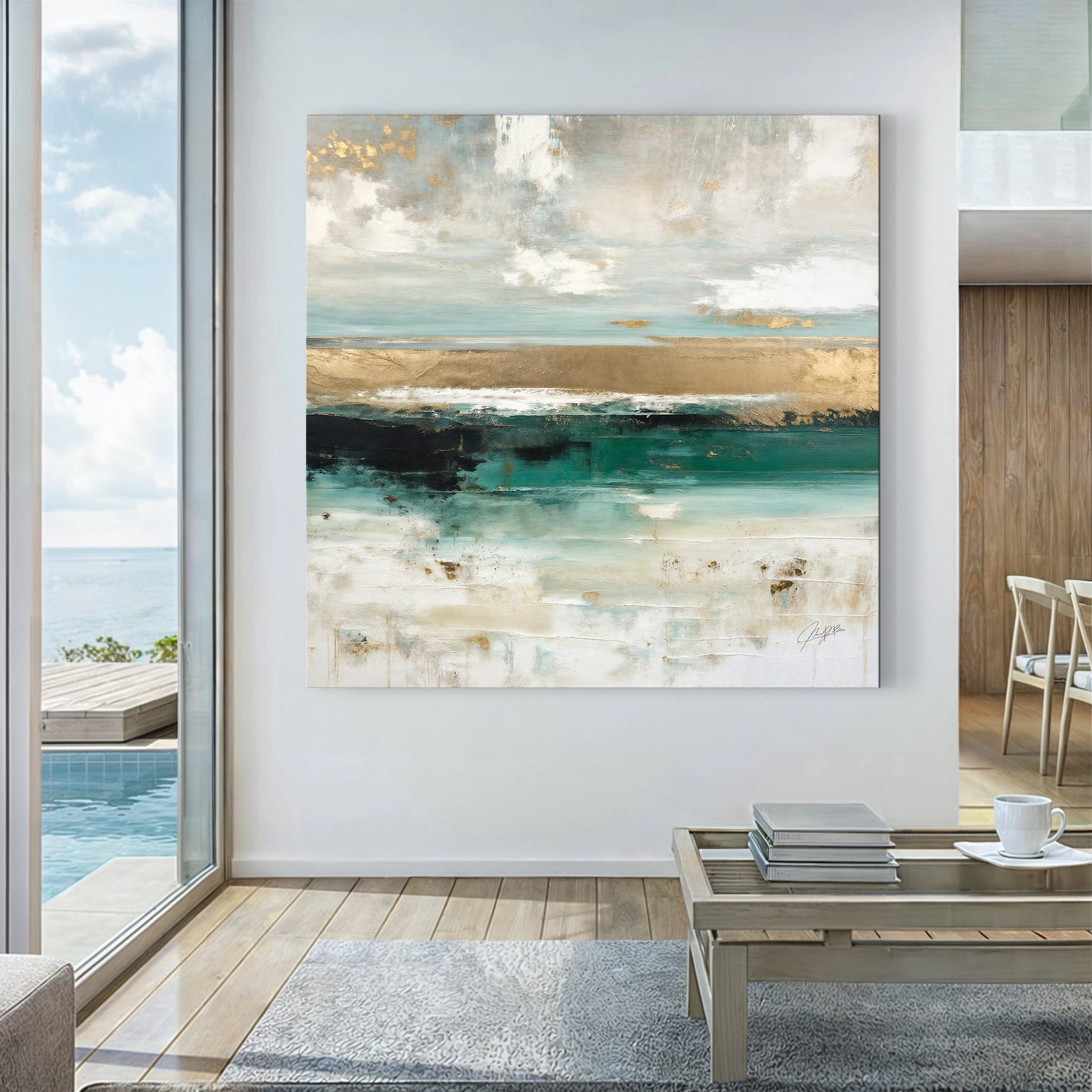 Canvas Print Coastal Echoes by Tailored Canvases with sea blues and beige sands and gold accents on Tampa Home & Garden Store