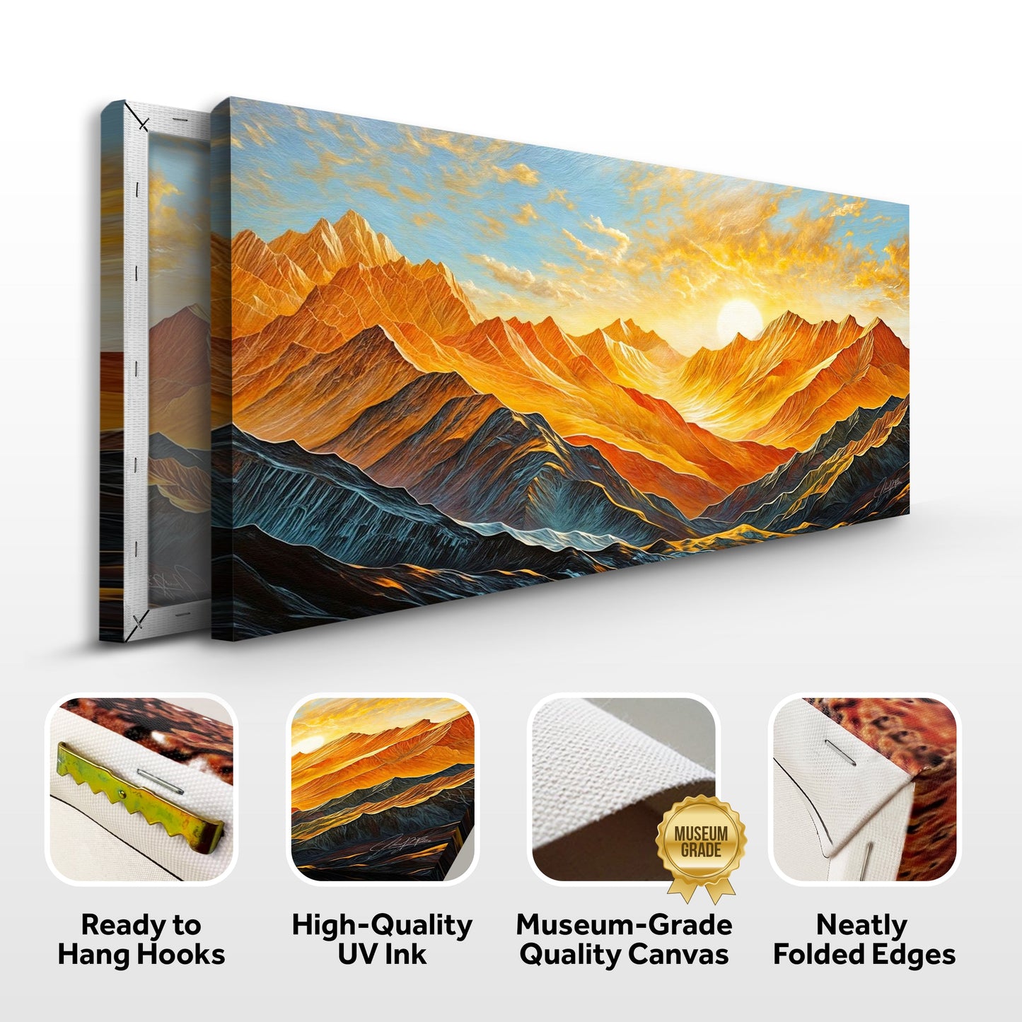 3-panel canvas print Alpenglow Majesty by Tailored Canvases, orange-blue mountain sunset crafting canvas on Tampa Home & Garden Store