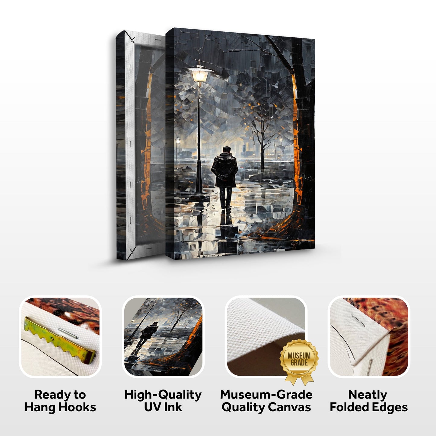 Canvas Print Solitary Reflection by Tailored Canvases, lone figure under street lamps in rain on Tampa Home & Garden Store