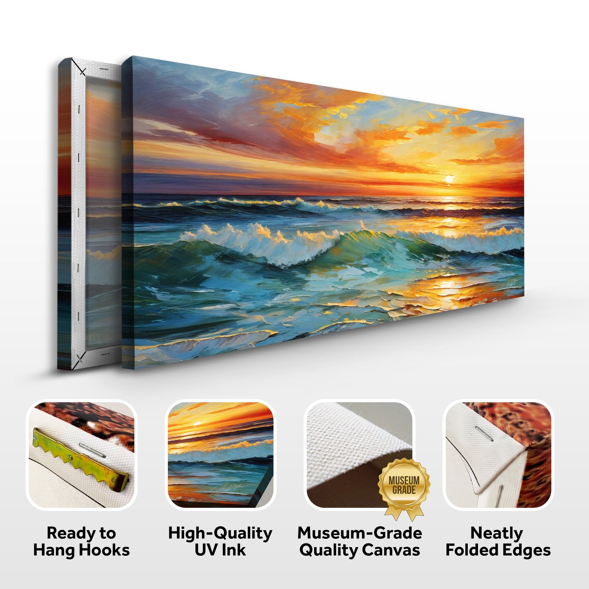 3-panel Canvas Print Sunset Surge by Tailored Canvases, vivid sunset over waves on canvas on Tampa Home & Garden Store