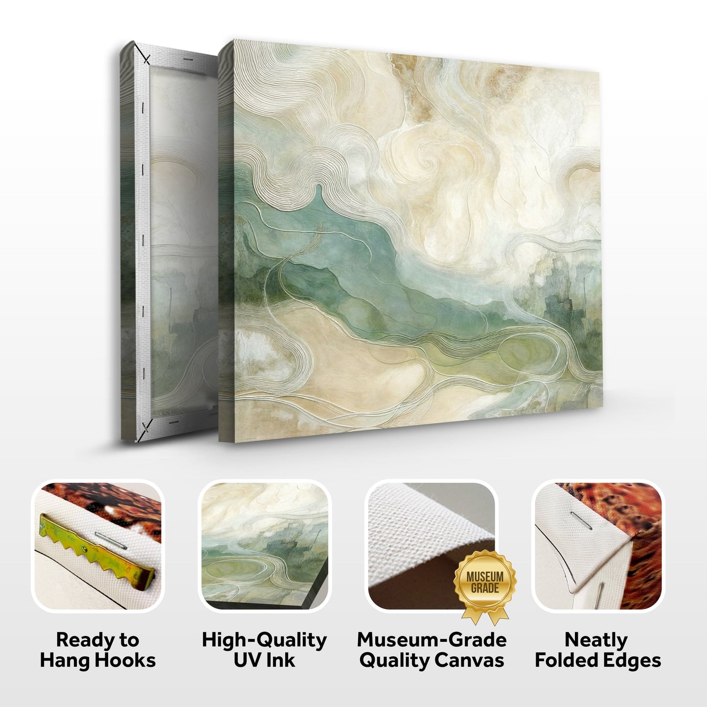 Canvas Print Whispering Currents Tailored Canvases, abstract swirl in cream and pale teal on Tampa Home & Garden Store