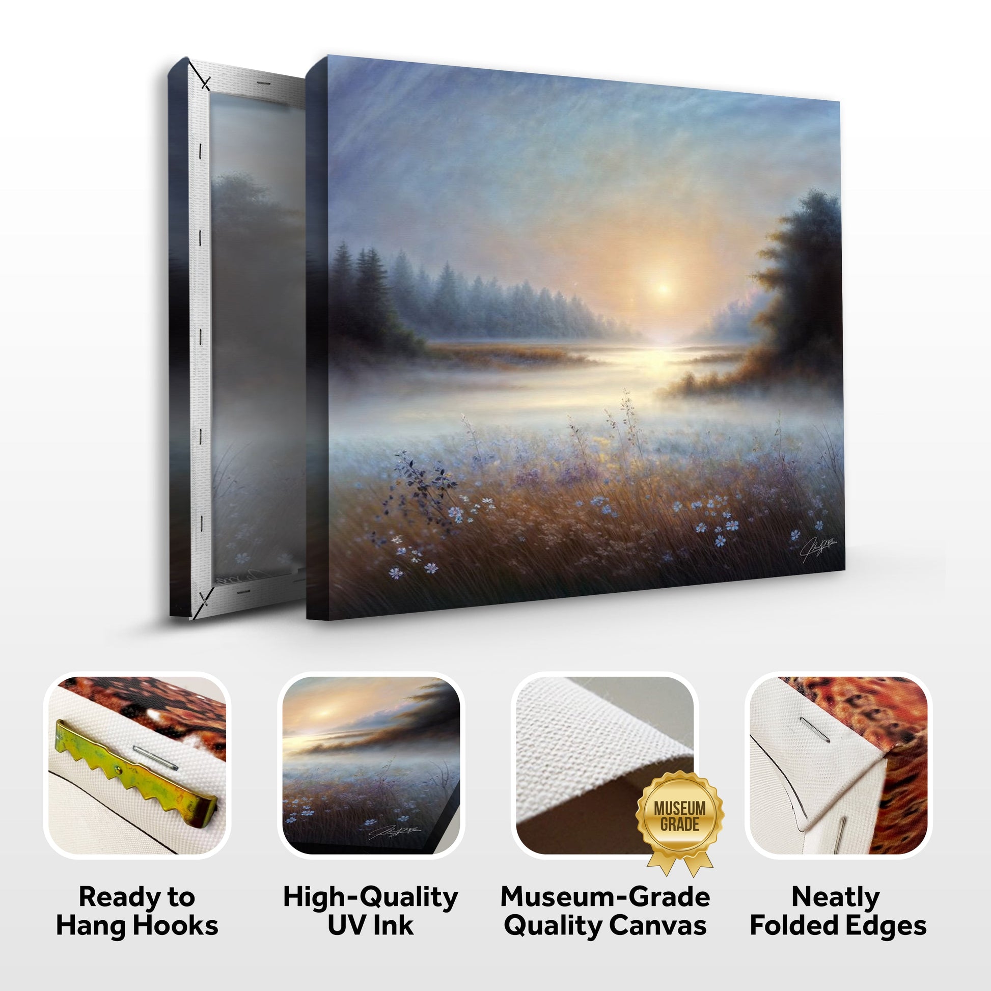 Canvas Print Misty Serenade by Tailored Canvases; misty sunrise over a lake with pines on Tampa Home & Garden Store