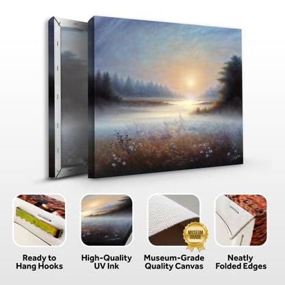 Canvas Print Misty Serenade by Tailored Canvases; misty sunrise over a lake with pines on Tampa Home & Garden Store