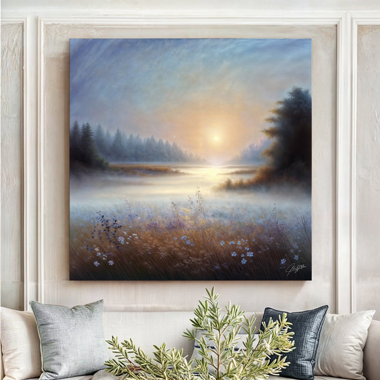 Canvas print Misty Serenade by Tailored Canvases; misty sunrise over a meadow with wildflowers on Tampa Home & Garden Store