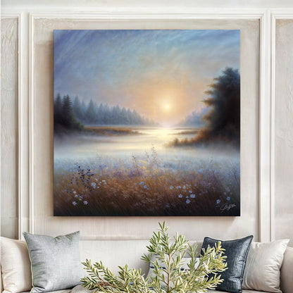 Canvas print Misty Serenade by Tailored Canvases; misty sunrise over a meadow with wildflowers on Tampa Home & Garden Store