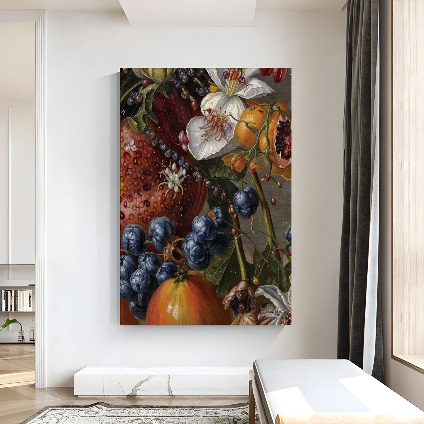 Canvas Print Baroque Bounty, vibrant fruit still life on tall canvas on Tampa Home & Garden Store