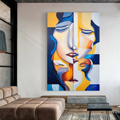 Canvas Print: Talk, 3-panel abstract portrait in blue, yellow, orange by Tailored Canvases on Tampa Home & Garden Store